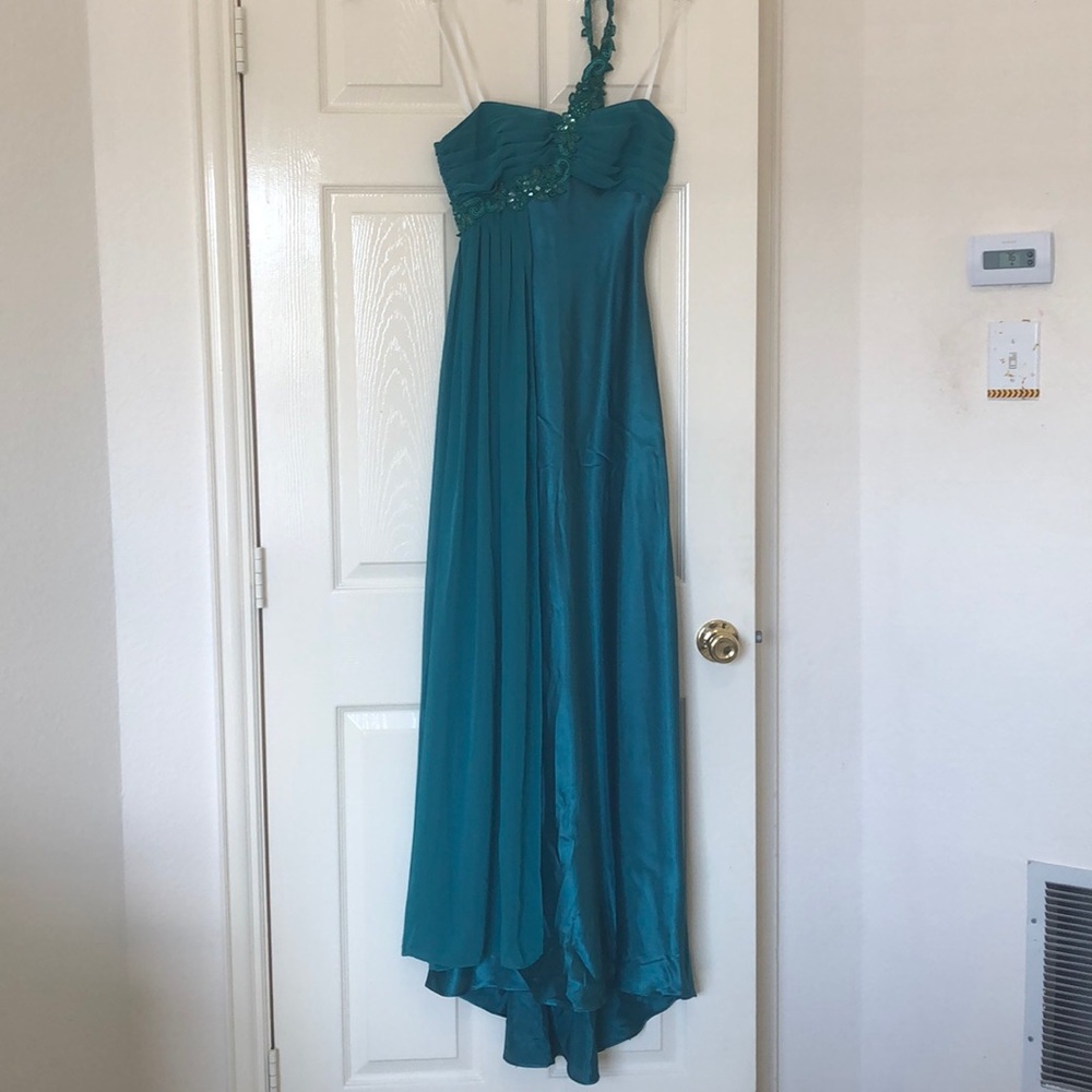 Teal Blue Satin w/ Sheer Fabric Prom Dress